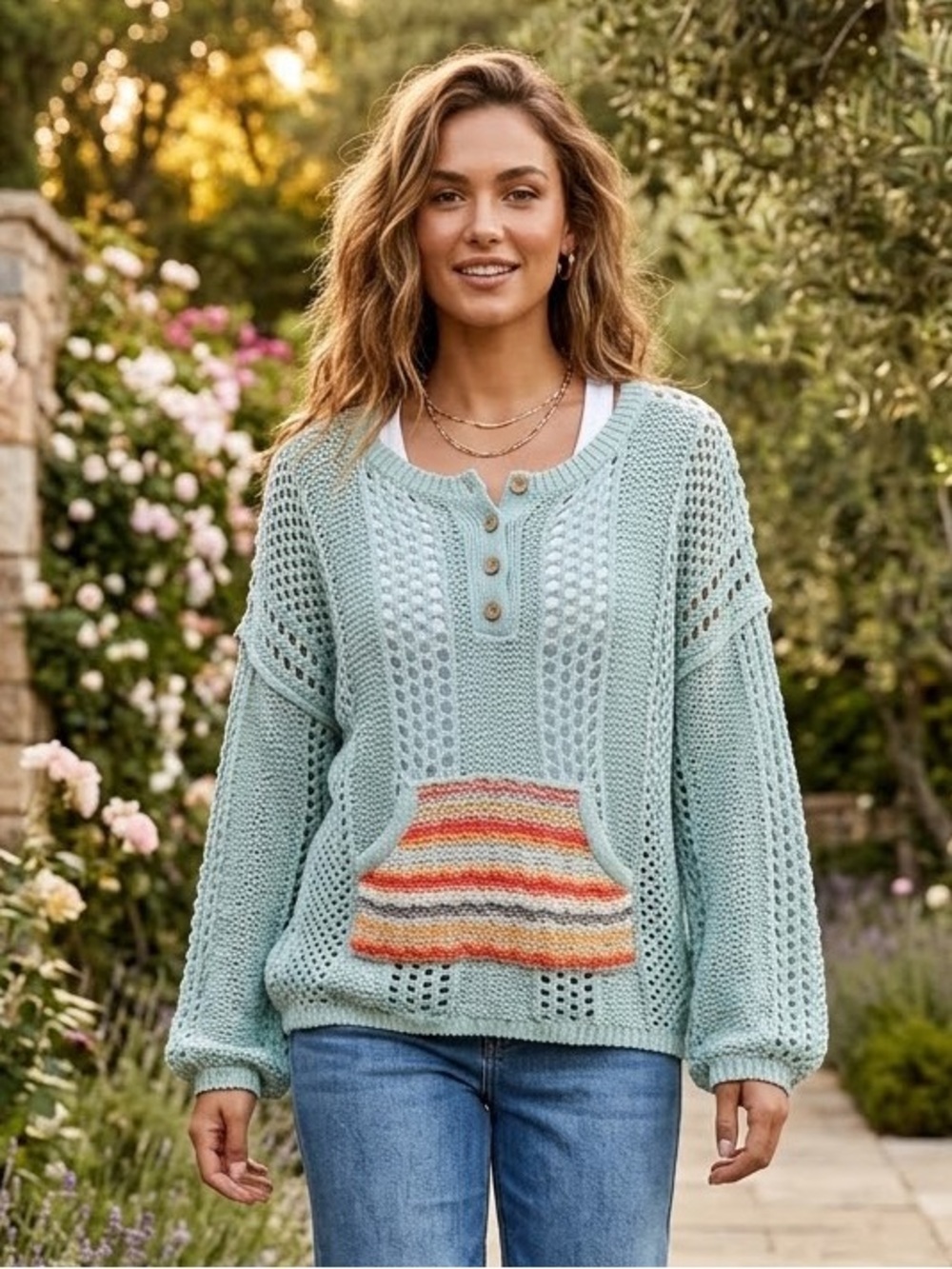 POL Light Seafoam Crochet Knit Relaxed Fit Henley Pullover Sweater